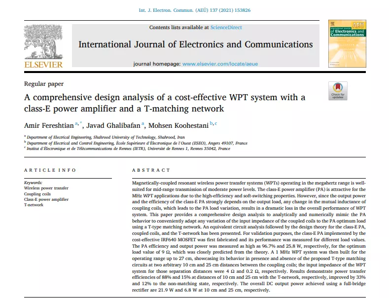 A comprehensive design analysis of a cost-effective WPT system with aclass-E power amplifier and a T-matching network